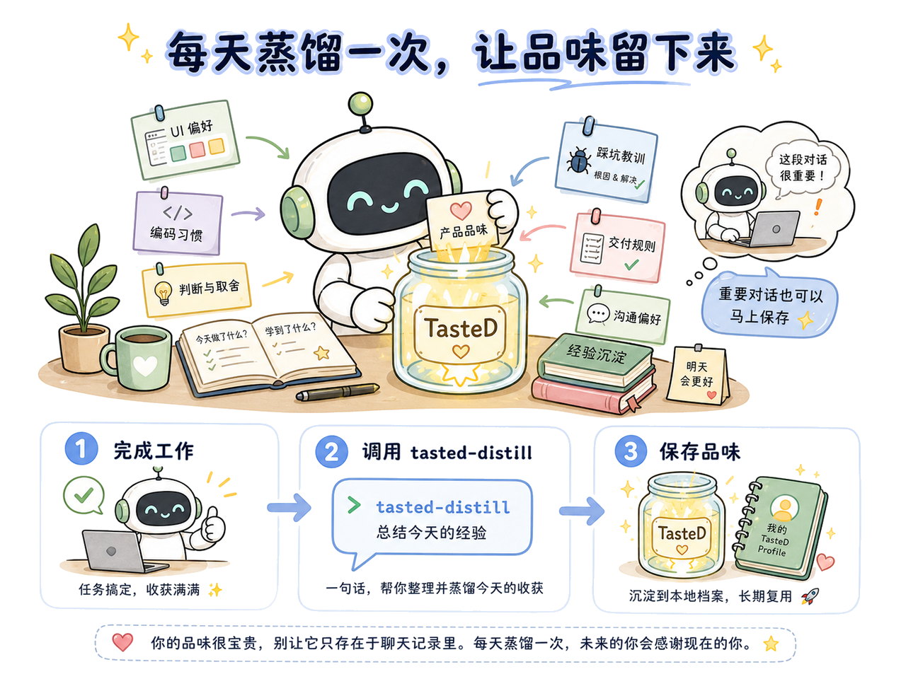 TasteDistill 品味蒸馏将工作结束后的经验沉淀成本地品味记忆